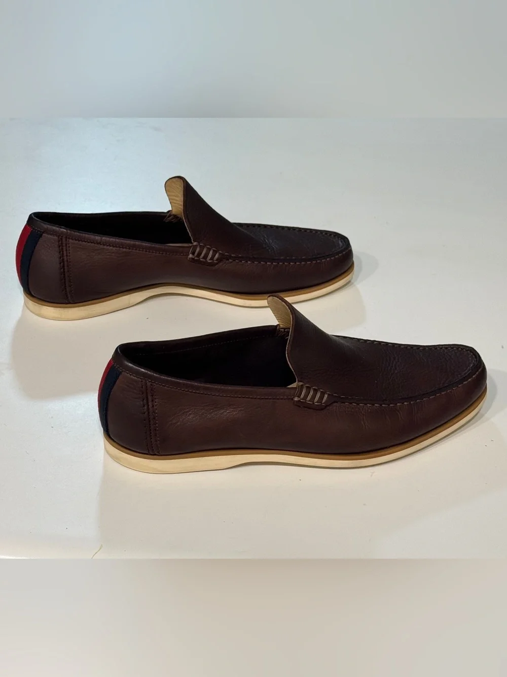 Gucci Mens Brown Pebbled Leather Loafers Web Stripe Heel Driver Shoes Size 10.5